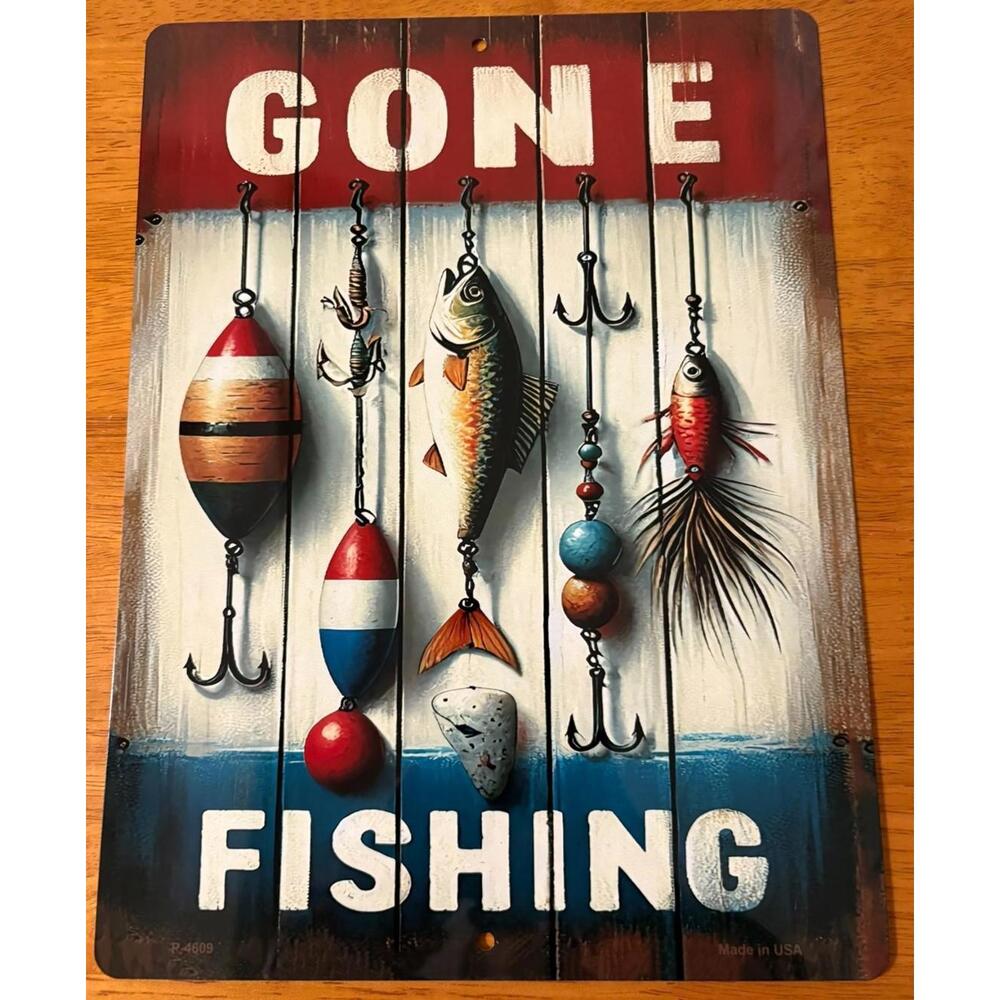 Gone Fishing Lures Sign Country Cabin Lodge Fisherman Man Cave Home Decor New